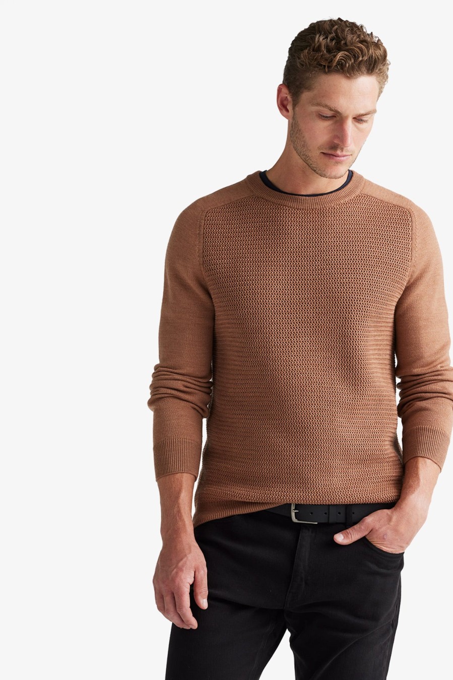 Clothing Toorallie Knitwear | Toorallie | Textured Stitch Crew - Hotham Sand Dune