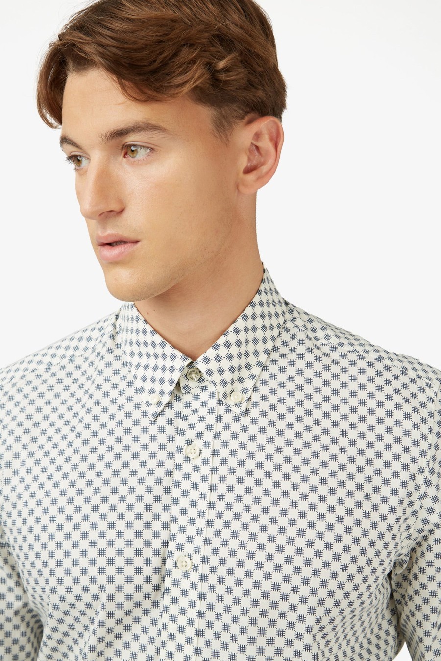 Clothing Ben Sherman Casual Shirts | Ben Sherman | Optical Geo Print L/S Shirt Ivory