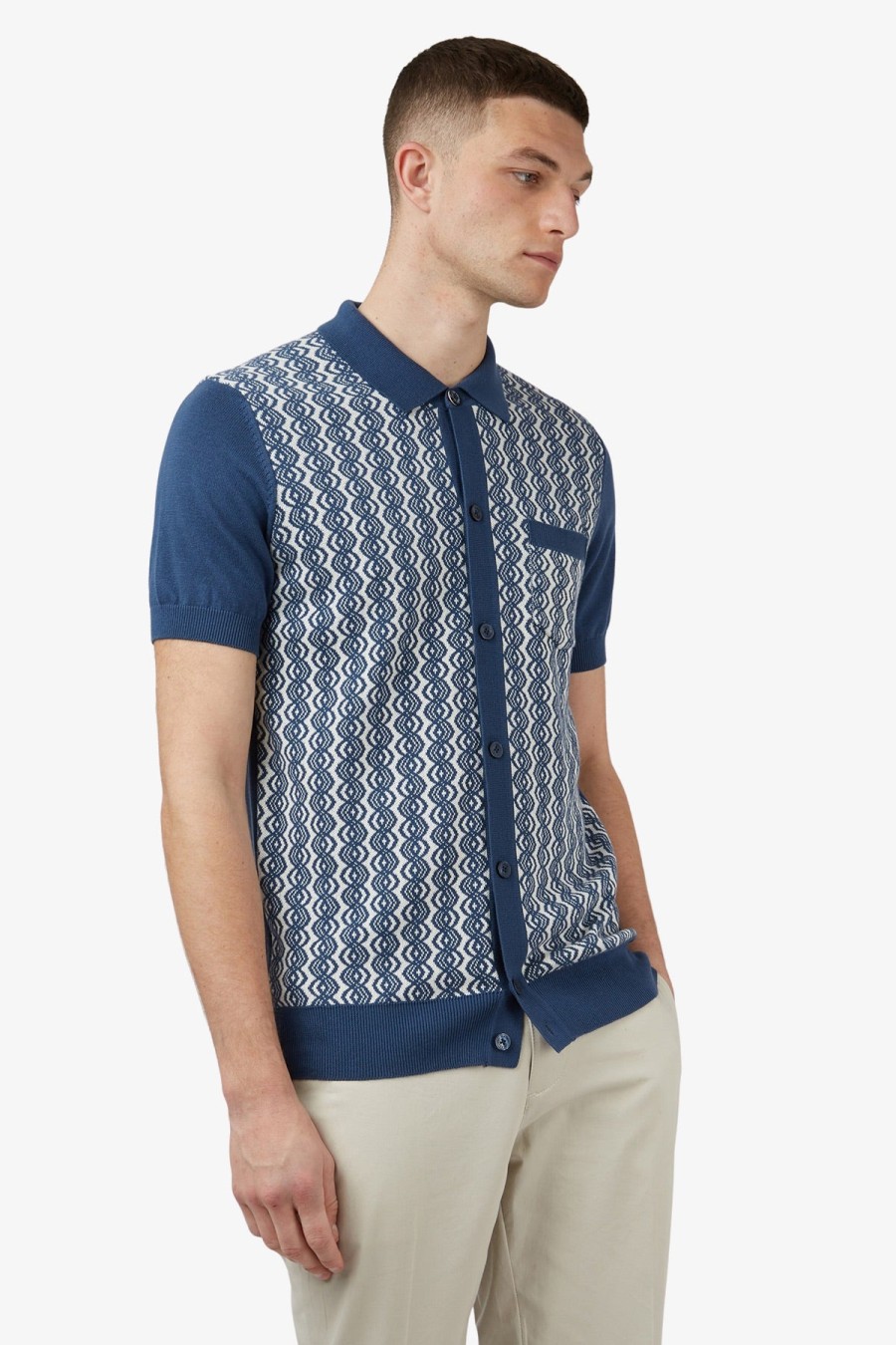 Clothing Ben Sherman Polos | Ben Sherman | Geo Jacquard Button Through Polo Blue Denim