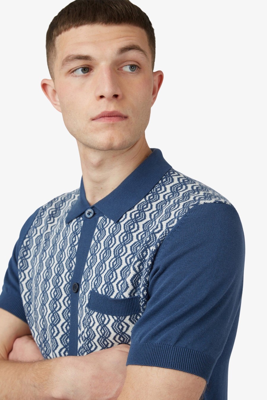 Clothing Ben Sherman Polos | Ben Sherman | Geo Jacquard Button Through Polo Blue Denim