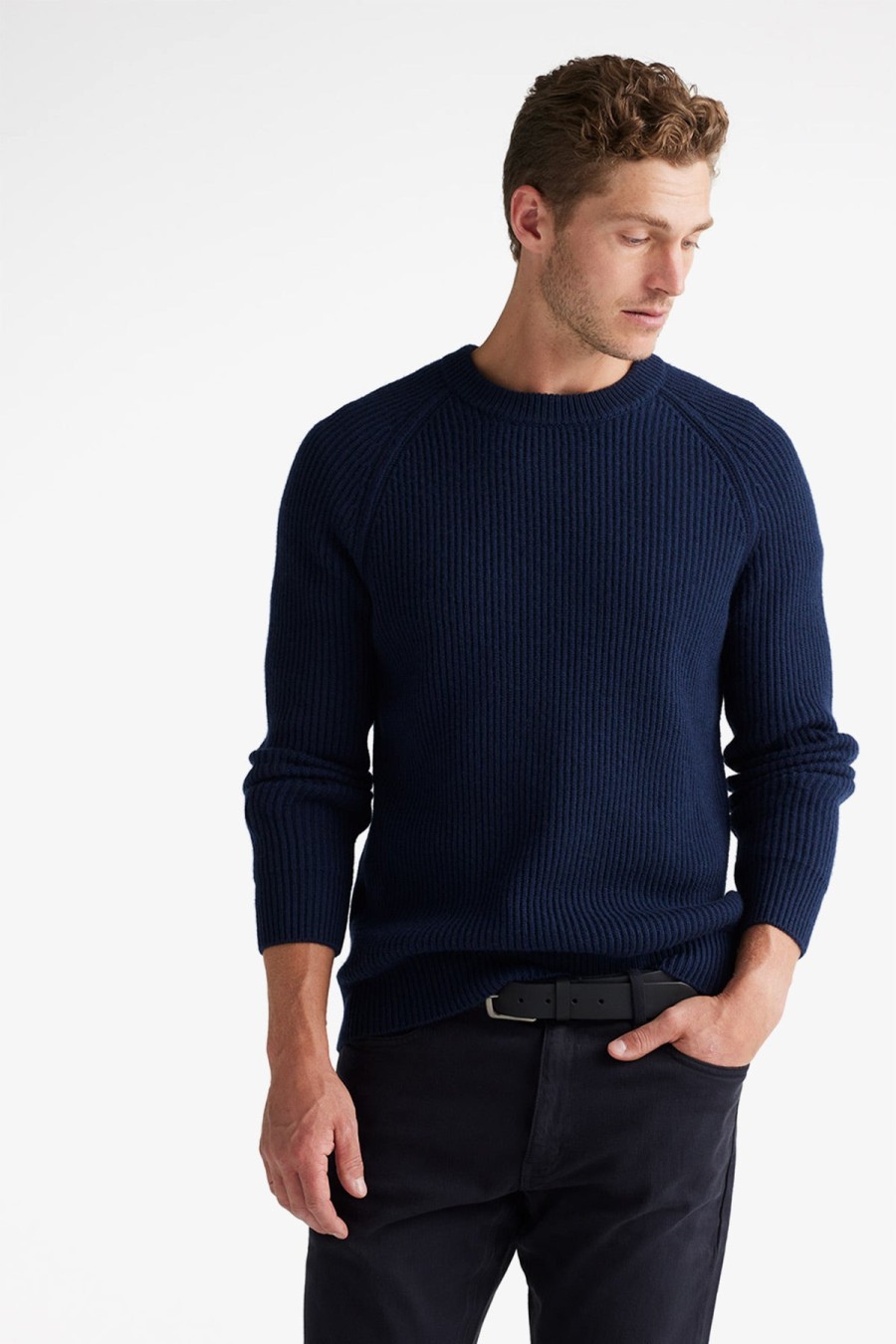 Clothing Toorallie Knitwear | Toorallie | Heavy Gauge Ribbed Crew Navy