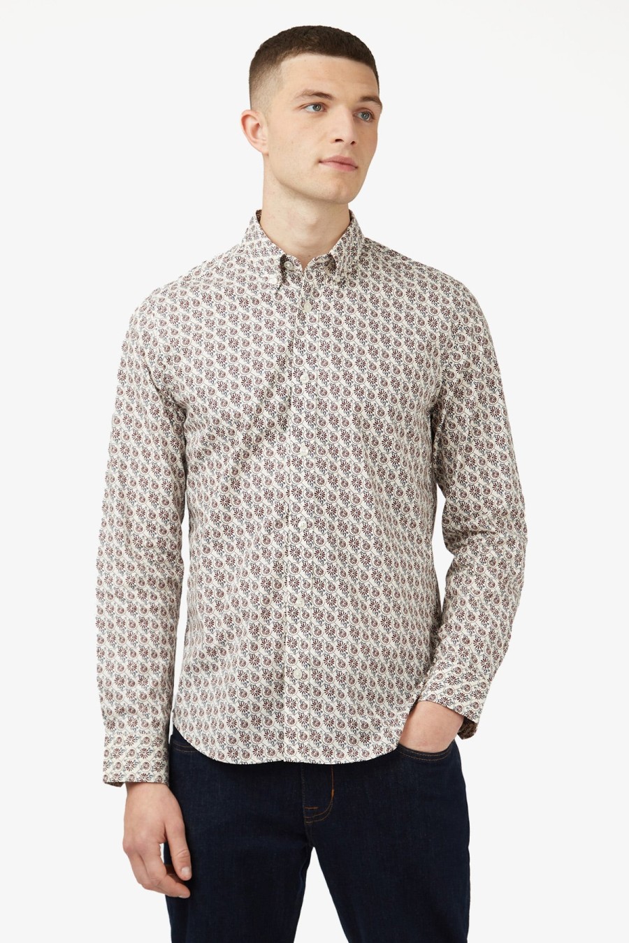 Clothing Ben Sherman Casual Shirts | Ben Sherman | Block Botanical Print L/S Shirt Maroon