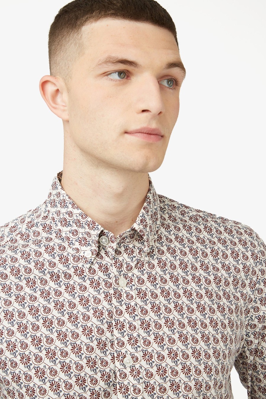 Clothing Ben Sherman Casual Shirts | Ben Sherman | Block Botanical Print L/S Shirt Maroon