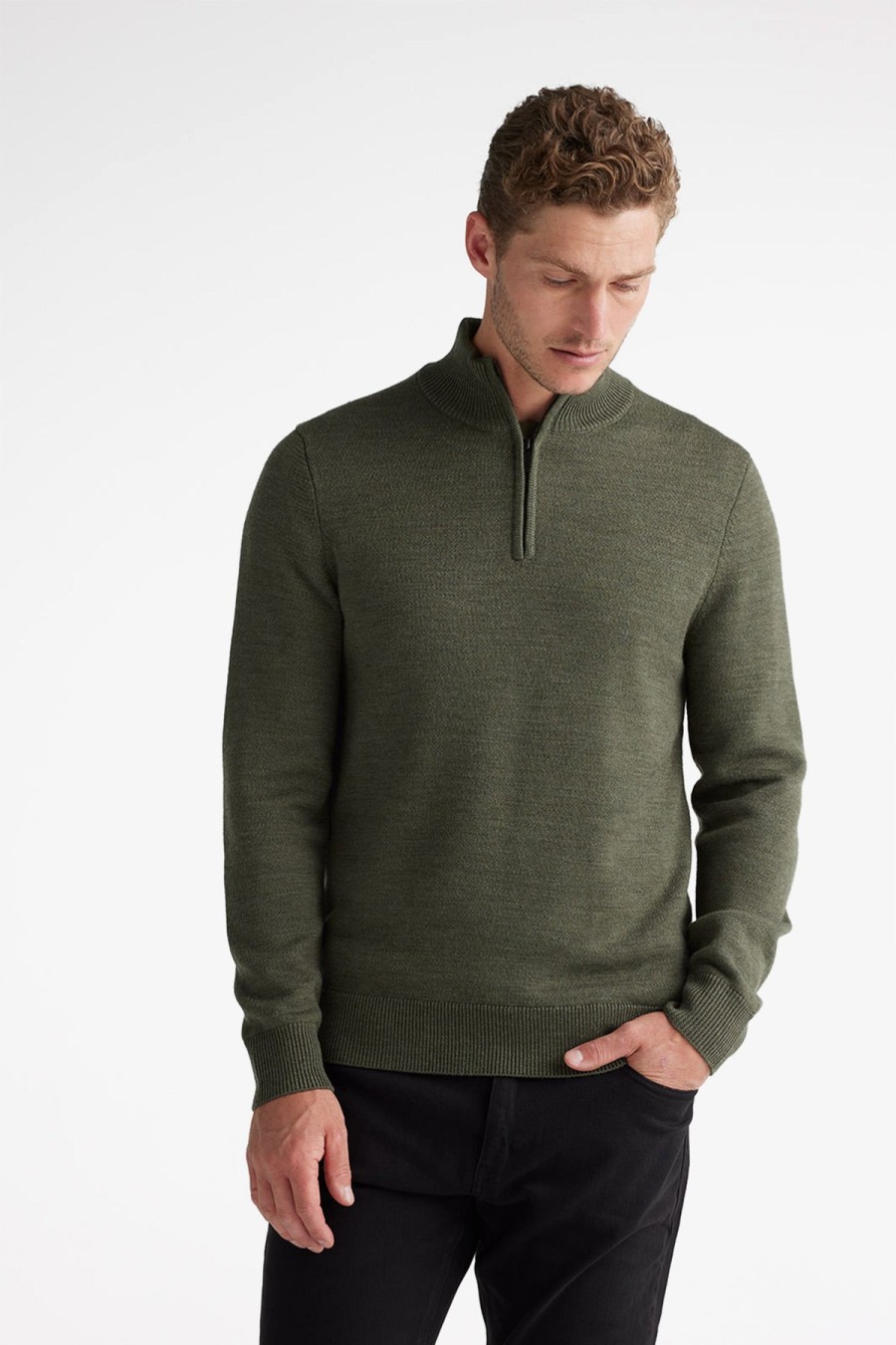 Clothing Toorallie Knitwear | Toorallie | Half Zip Jumper Olive