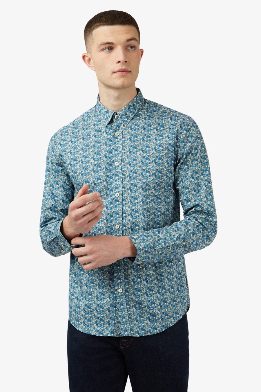 Clothing Ben Sherman Casual Shirts | Ben Sherman | Multicolour Floral Print L/S Shirt Blue Shadow