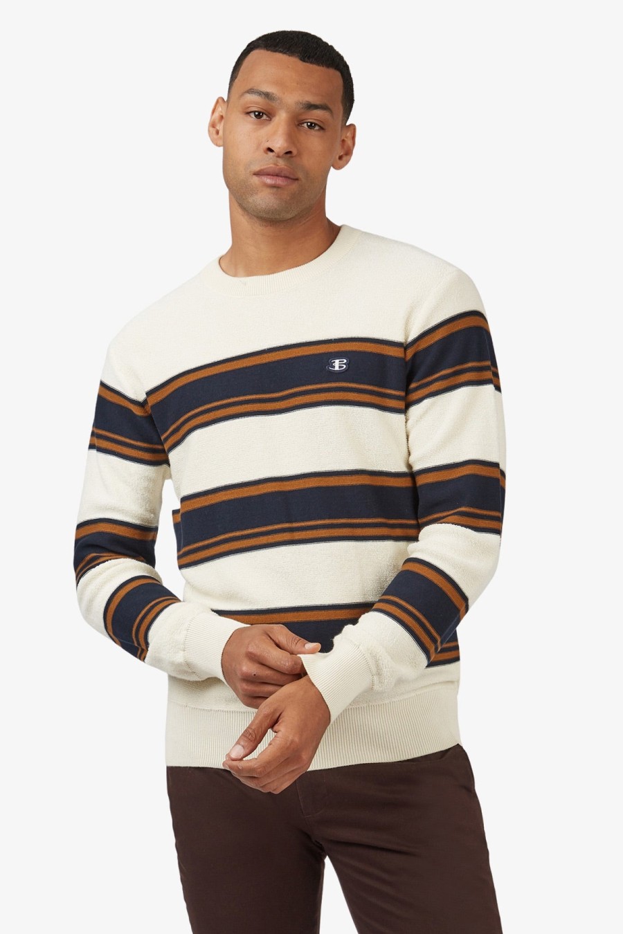 Clothing Ben Sherman Knitwear | Ben Sherman | Towelling Stripe Crew Knit Ivory