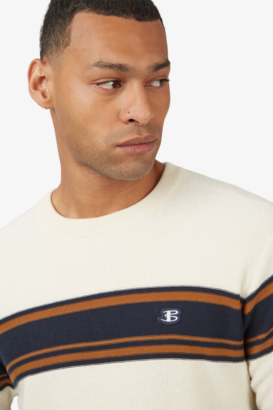 Clothing Ben Sherman Knitwear | Ben Sherman | Towelling Stripe Crew Knit Ivory